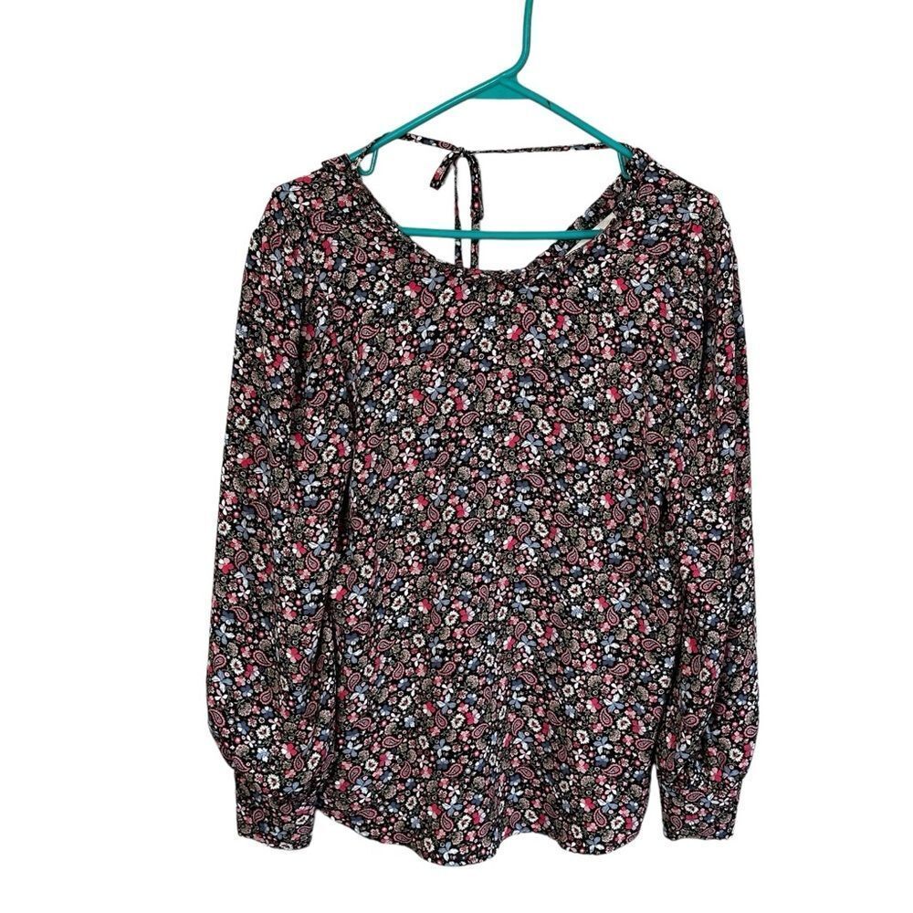 LOFT Floral Blouse ruffle crewneck keyhole tie back of neck size small